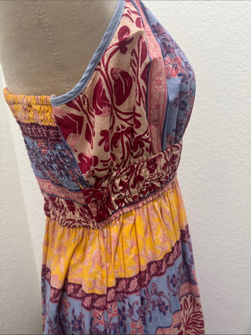 Japna Bohemian Floral Tiered Maxi Dress in Yellow, Blue & Burgundy - Picture 3 of 11